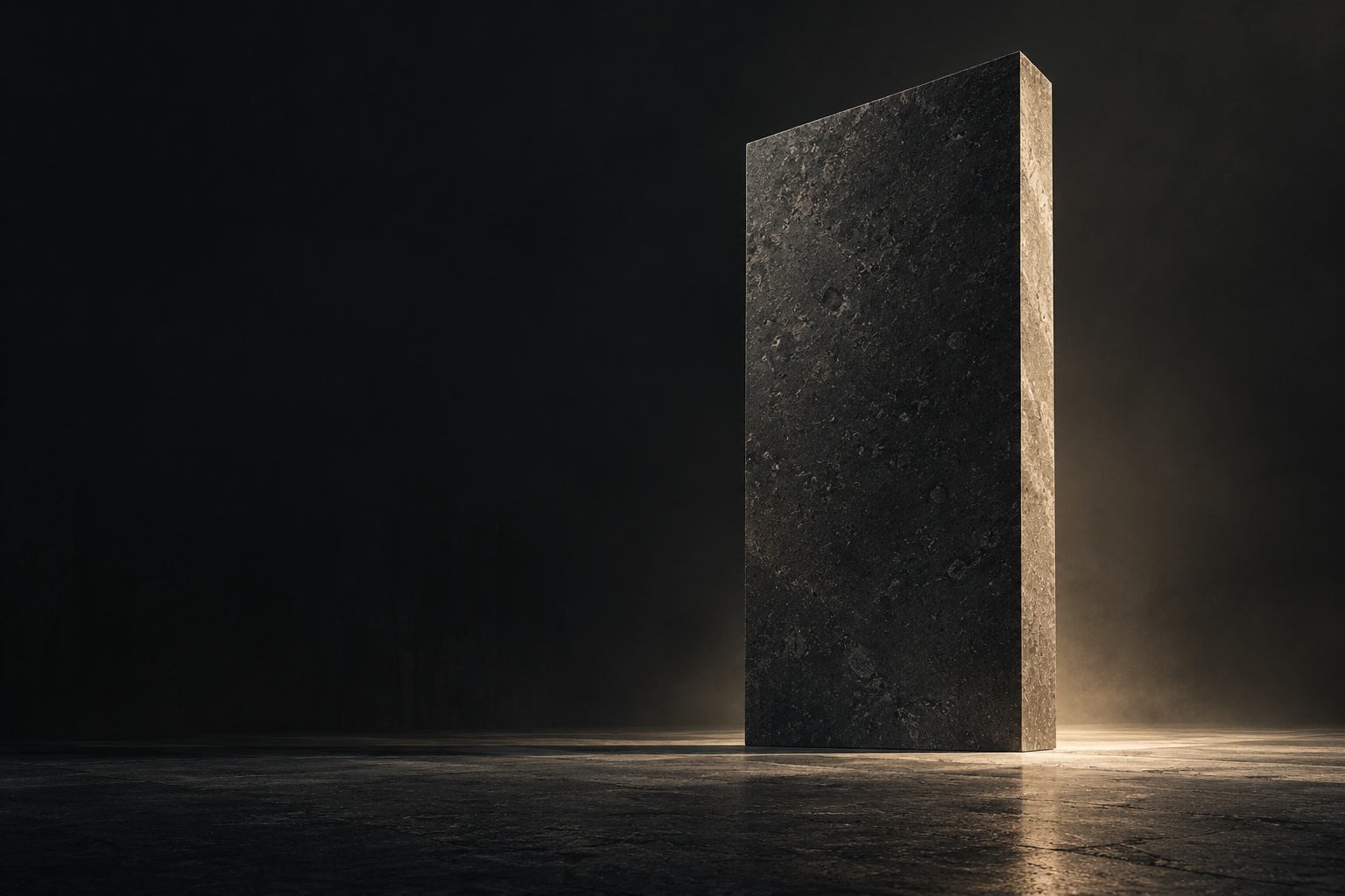 An original concept study of a monumental black limestone slab, defined by a narrow line of light