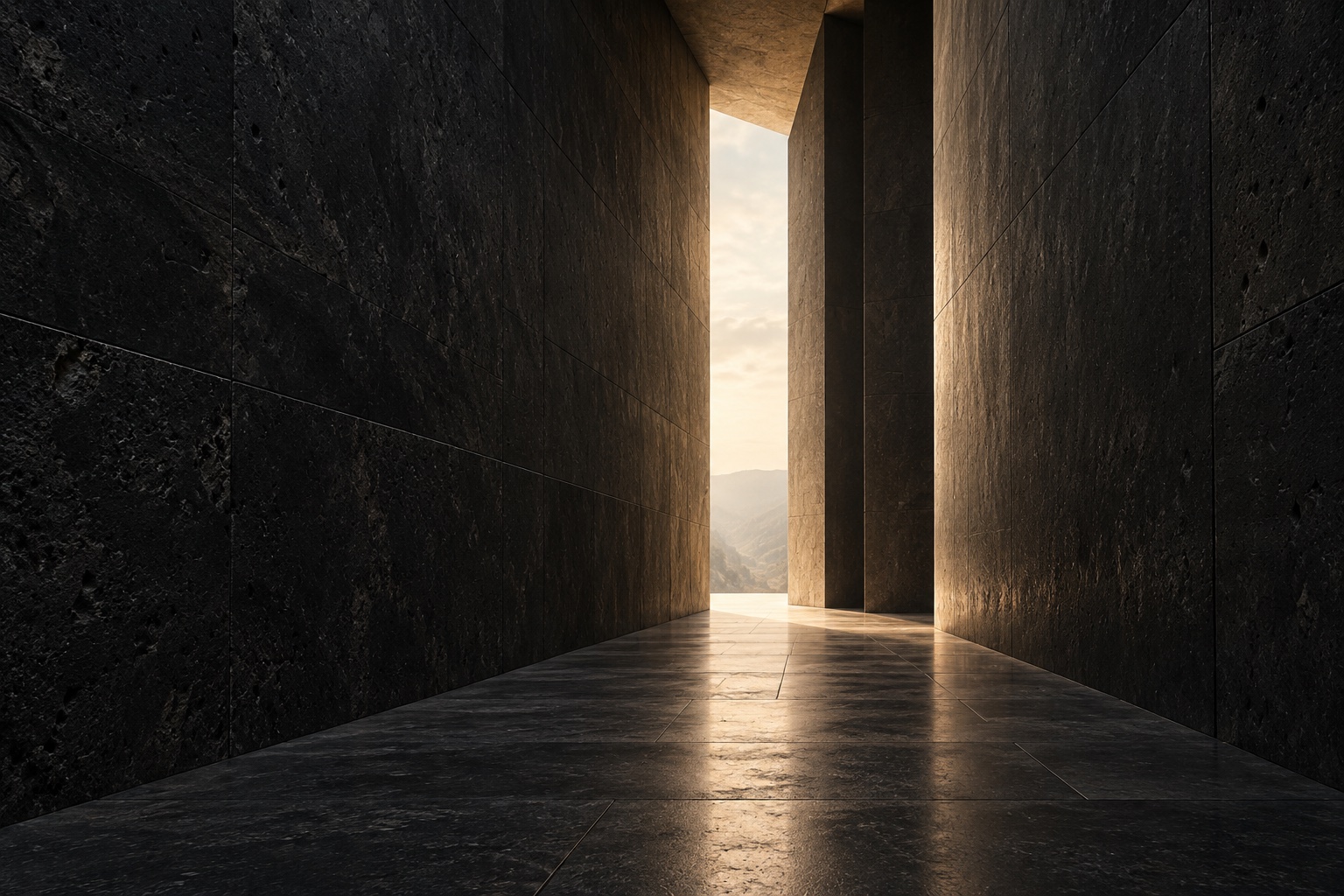 An imagined passage through monumental dark stone — concept artwork, not a game screenshot